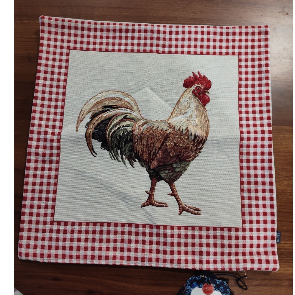 Hines of Oxford Rooster Red Gingham Tapestry Pillow Cover Velvet Back 255656